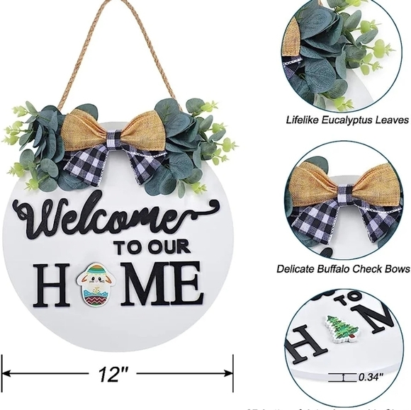WELCOME TO OUR HOME WHITE INTERCHANGEABLE WOODEN SIGN DOORKNOCKER SIZE 12x12 NWT - Picture 4 of 11